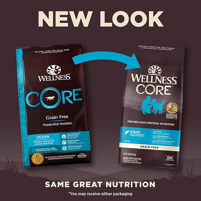Wellness CORE Grain-Free High-Protein Dry Dog Food, Natural Ingredients, Made in USA with Real Meat, All Breeds, For Adult Dogs (Ocean Whitefish, Herring & Salmon, 26-Pound Bag)