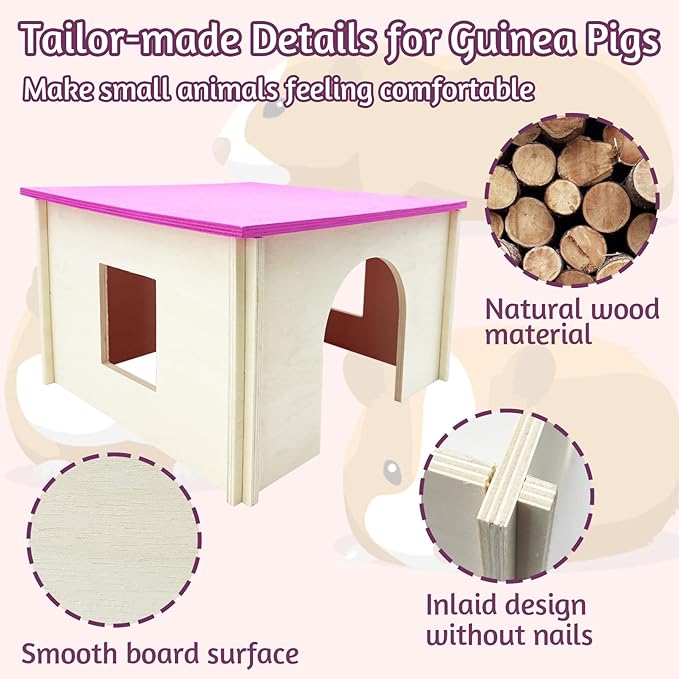 Fhiny Guinea Pig Wood House with Windows and Roof, Detachable Chinchilla Hut Hideout Hideaway Natural Hamster Habitat Decor for Hamsters Hedgehogs Squirrels or Other Small Animals (Random Color)