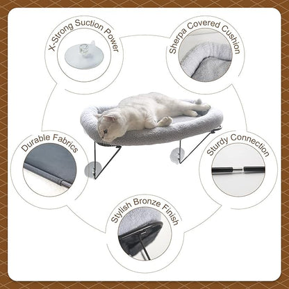 Zakkart Cat Window Perch - 100% Metal Supported from Below - Comes with Warm Spacious Pet Bed - Cat Window Hammock for Large Cats & Kittens - for Sunbathing, Napping & Overlooking (Grey)