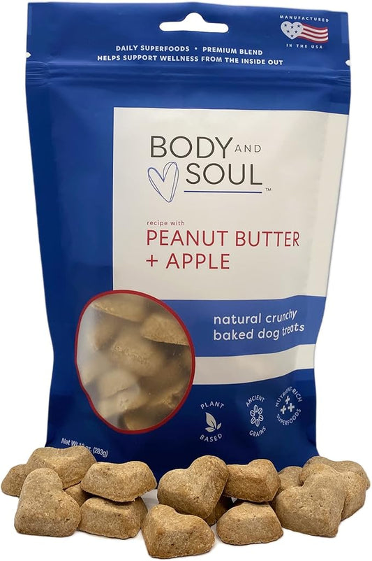 Body and Soul Peanut Butter + Apple Dog Treats – Baked Superfood Biscuits with Oats, Barley & Quinoa –All-Natural, No Fillers – Crunchy Daily Dog Treats, Made in USA, 10oz