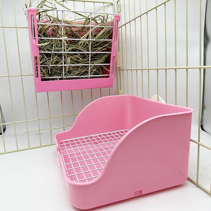 Rabbit Litter Box Bunny Potty Box Guinea Pig Hay Rack Feeder Rabbits Corner Litter Pan Potty Trainer Pet Toilet with Cleaning Set for Hamster, Guinea Pig, Ferret and Other Animals (Pink)