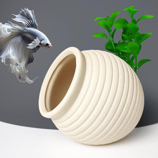 Aquarium Decor Rock Betta Fish Tank Decorations Ceramic Hideout Stone for Fish Shrimp Turtle Crab to Breed, Rest and Play, Small Fish Bowl Hiding Cave, Pot Shaped Betta Toys