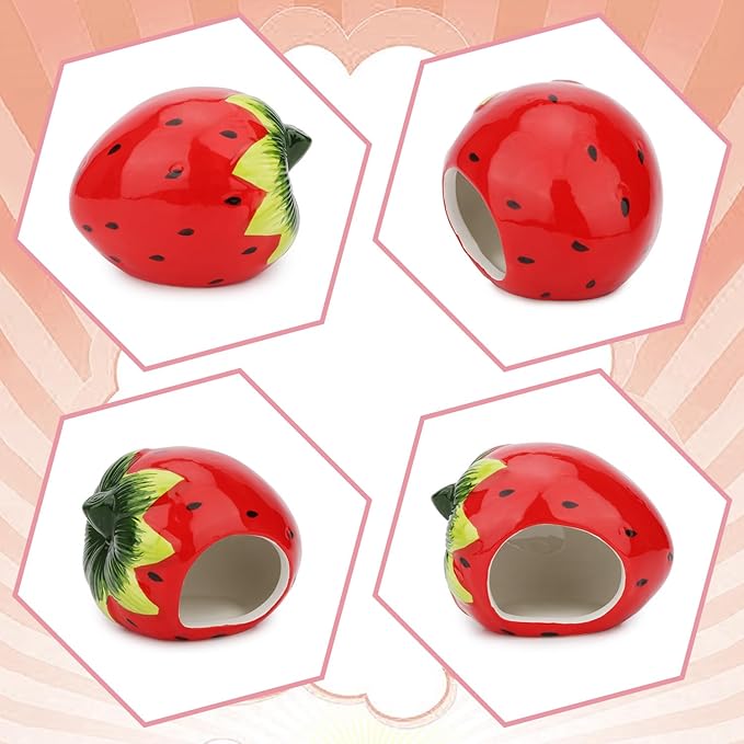 Hypeety Dwarf Hamster Hideout Adorable Cartoon Shape Hamster House Chinchilla Mini Hut Small Animal Ceramic Hideout Cave (Strawberry)