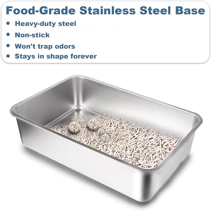 Stainless Steel Cat Litter Box - XL Enclosed High-Sided Pan for Big Cats - Non-Stick Odor Resistant - Easy to Clean with Scoop & Mat