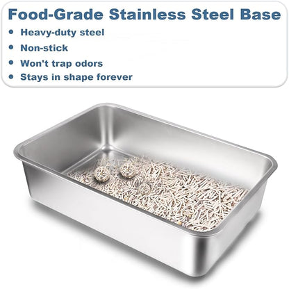 Stainless Steel Cat Litter Box - XL Enclosed High-Sided Pan for Big Cats - Non-Stick Odor Resistant - Easy to Clean with Scoop & Mat