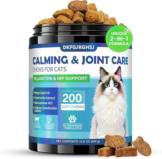 Cat Calming Treats, 200 Hemp Soft Chews Cat Calming Treats for Anxiety Relief with Glucosamine Hip & Joint Support Calming Chews for Cats Anxiety Stress Chicken Flavor