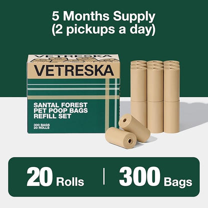VETRESKA Dog Poop Bags, Leak Proof, Extra Thick and Large Pet Waste Bags for Dog Walking and Cat Litter, Sandalwood & Almond Scented, 300 Bags