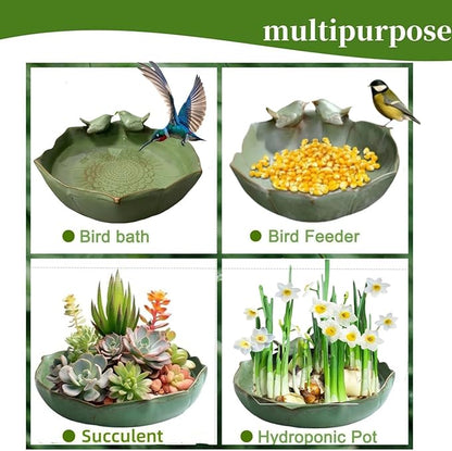 Bird Bath for Outside on Ground, 10 in Ceramic Birds Bath Bowl, Handmade Ground Bird Feeders and birdbath for Outdoors for Outdoors, Garden, Tabletop, Balcony and Lawn (Big - deep)