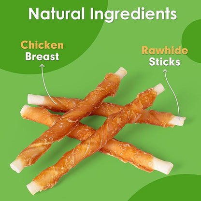 MON2SUN Dog Treats, 5 Inch Rawhide Twist Chicken Hide Sticks, Suitable for Puppy and Small Dogs, 5 Inch (Chicken, Pack of 25)
