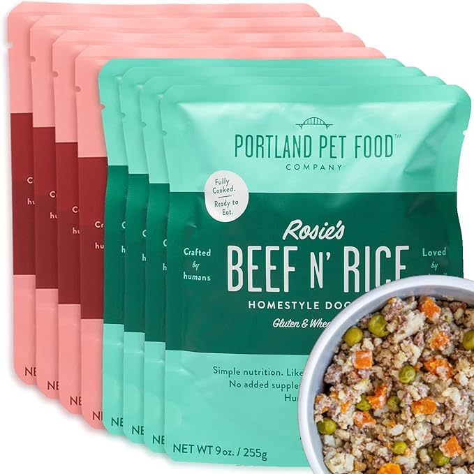 Portland Pet Food Company Salmon & Beef Fresh Dog Food Pouches - Human-Grade, Gluten-Free Wet Pet Meal Topper & Mix-Ins - Small & Large Breed Puppy & Senior Dogs - Made in The USA - 8 Pack