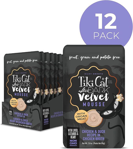 Tiki Cat After Dark, Velvet Mousse, Chicken & Duck Recipe in Chicken Broth, Grain & Potato Free Formula, with High Protein & Nutrient Dense Blended Irresistible Organ Meat, 2.8 oz. Pouch (12 Count)