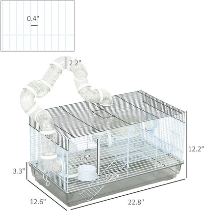 PawHut Hamster Cage, 2 Levels Gerbil Cage, Small Animal Cage for Dwarf Hamster with Tubes and Tunnels, Exercise Wheel, Food Dish, Water Bottle, Ramp, 23" x 13" x 12", Gray