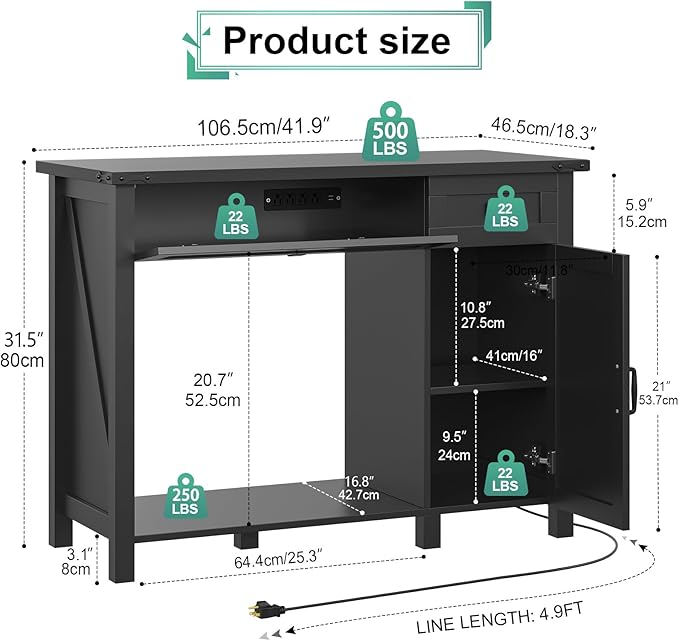 40 Gallon Aquarium Stand With Charging Station, Farmhouse Fish Tank Stand, 30-40 Gallon Reptile Tank Stand Terrarium Stand with Drawer and Cabinet Storage, Sturdy Heavy Duty 41.9"×18.3" Tabletop - Black