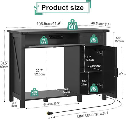 40 Gallon Aquarium Stand With Charging Station, Farmhouse Fish Tank Stand, 30-40 Gallon Reptile Tank Stand Terrarium Stand with Drawer and Cabinet Storage, Sturdy Heavy Duty 41.9"×18.3" Tabletop - Black