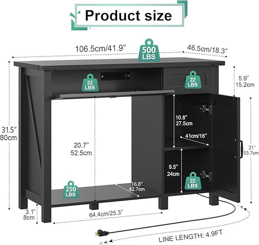 40 Gallon Aquarium Stand With Charging Station, Farmhouse Fish Tank Stand, 30-40 Gallon Reptile Tank Stand Terrarium Stand with Drawer and Cabinet Storage, Sturdy Heavy Duty 41.9"×18.3" Tabletop - Black