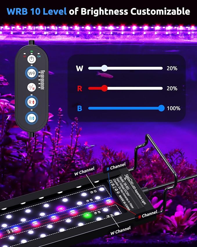 Aquarium LED Light for 18-24in Freshwater Tank, Full Spectrum Aquarium Light for Plant Growth, 6H/8H/12H Timer, WRB 3 Channel Customizable, 10 Brightness & 11 Colors, Adjustable Bracket - 16W