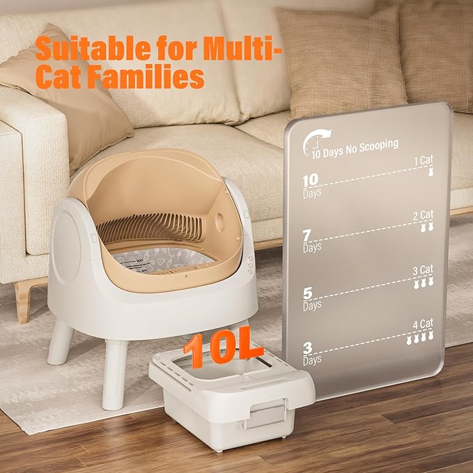 Automatic Litter Box, Self Cleaning Litter Box with Open Top Design, Integrated Safety Protection, Included Mat and Liner, Brown