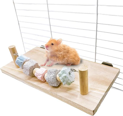 Hamster Wood Ledge Platform with Lava Stone Block Chew Toys Pet Cage Resting Wooden Shelf for Chinchilla Guinea Pig Gerbil Mouse Dwarf Hamster Cage Accessories