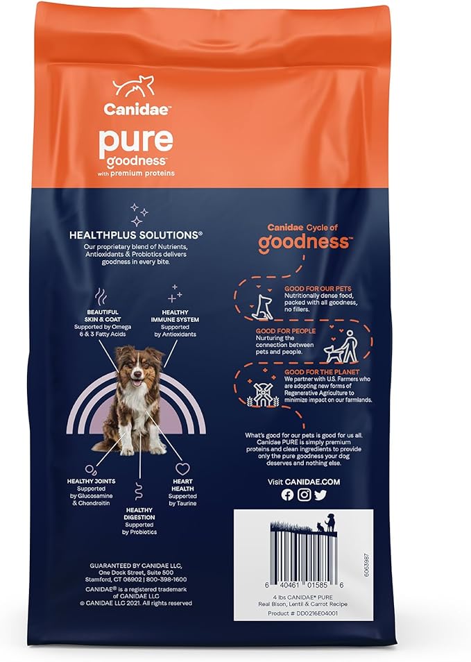Canidae Pure Limited Ingredient Premium Adult Dry Dog Food, Real Bison, Lentil & Carrot Recipe, 21 lbs, Grain Free