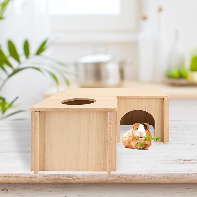PAWCHIE Guinea Pig Hideout Hamster House with Multi-Rooms - Small Animals Pets Hideout Multi-Chamber Wooden Hut Habitats Decor Tunnel for Guinea Pigs, Hamsters, Chinchillas