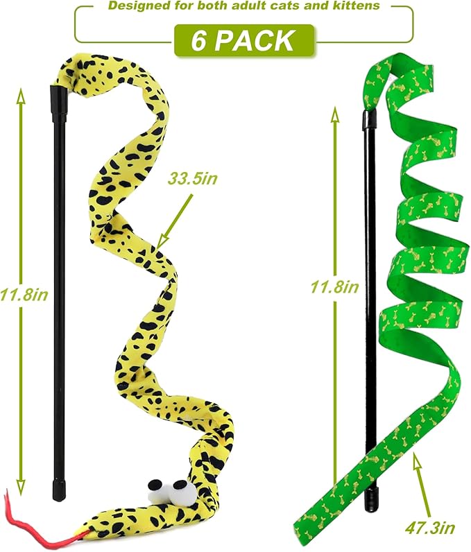 Interactive Cat Toy Wand with Crinkle, Cat Teaser Wand Rainbow String for Bored Indoor Adult Cats and Kittens (6 Pack)