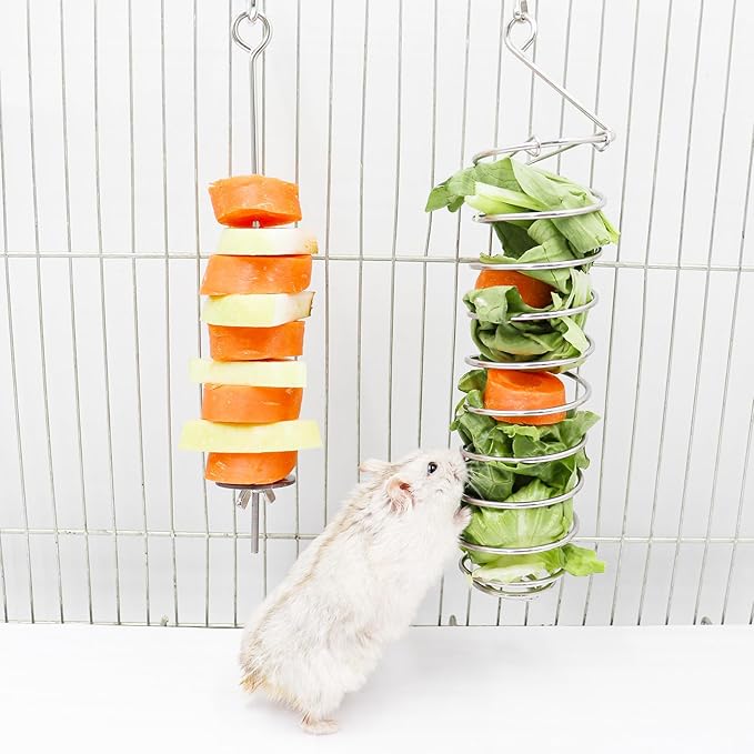 2 Pack Rat Feeding Accessories for Cage, Stainless Steel Fruit Fork and Spiral Vegetable Holder, Cage Accessories for Mouse, Hamster, Chinchilla, Rabbit and Other Small Animals