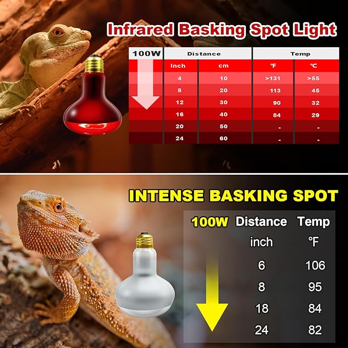 MIXJOY 100W Reptile Heat Lamp Bulb Combo, 2PCS Day & Night Reptile Heat Bulbs, UVA Daylight Intense Heat Basking Bulb Infrared Heat Light Bulb for Reptiles, Lizard, Tortoise, Bearded Dragon Chickens