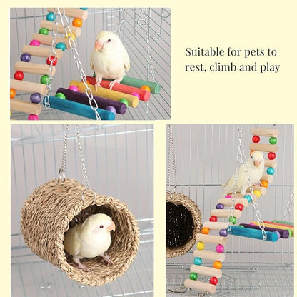 Hamiledyi Hamster Hanging Hammock Basket 3 Piece Wooden Rat Ladder Swing Set Cage Clmbing Toys for Syrian Hamster Sugar Glider Bird Mice Playing Sleeping