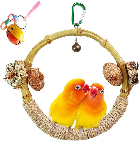Circle Bird Swing with Bell,Bamboo Parakeet Rope Perches for Cage Ring Bird Swings Chewings Nuts Toys for Parrots Cockatiels Lovebirds Budgie