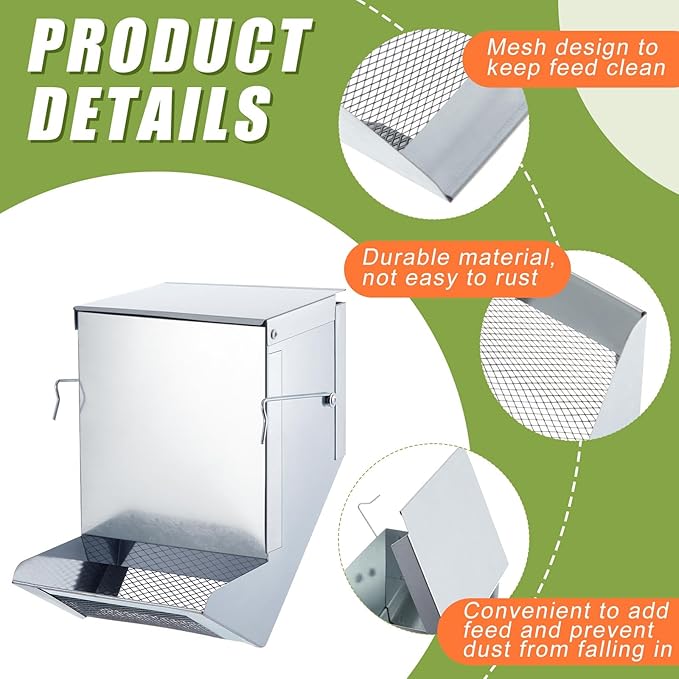 Maxcheck 2 Pcs Rabbit Feeder for Cages Small Animal Food Dispenser with Lid Metal Chicken Grit Oyster Shell Feeders Outside(4.7 Inches,Mesh Bottom,Silver)