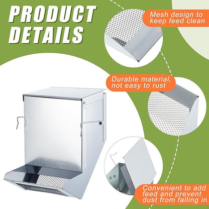 Maxcheck 2 Pcs Rabbit Feeder for Cages Small Animal Food Dispenser with Lid Metal Chicken Grit Oyster Shell Feeders Outside(4.7 Inches,Mesh Bottom,Silver)