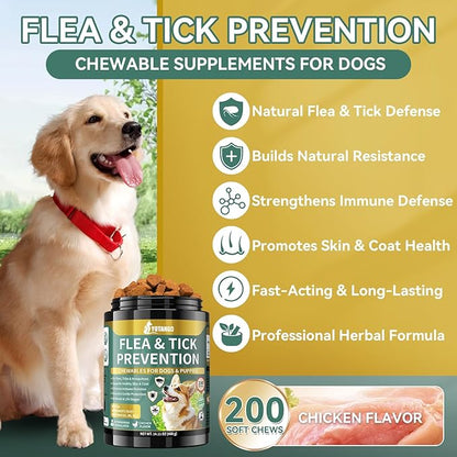 YOTANGO Flea and Tick Prevention for Dogs Chewable, 200 Soft Treats Natural Dog Flea and Tick Treatment Chewable, Oral Flea Supplement Chews, Skin & Coat Support for Dogs Puppies - All Breeds & Ages