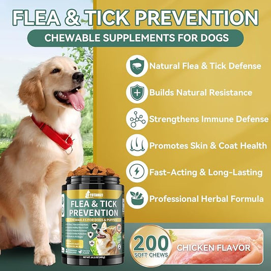 YOTANGO Flea and Tick Prevention for Dogs Chewable, 200 Soft Treats Natural Dog Flea and Tick Treatment Chewable, Oral Flea Supplement Chews, Skin & Coat Support for Dogs Puppies - All Breeds & Ages