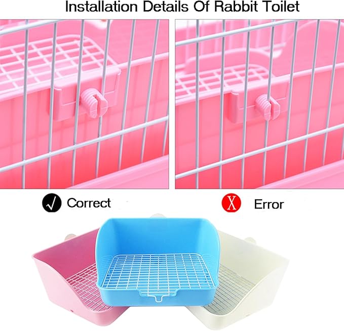 Rabbit Litter Box Bunny Potty Box Guinea Pig Hay Rack Feeder Rabbits Corner Litter Pan Potty Trainer Pet Toilet with Cleaning Set for Hamster, Guinea Pig, Ferret and Other Animals (Pink)