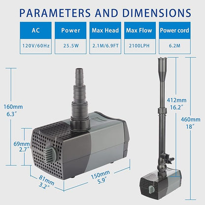 OYO WATER Pond Pumps Submersible Outdoor,555GPH Water Fountain Pump with Fountain Kits for Small Ponds