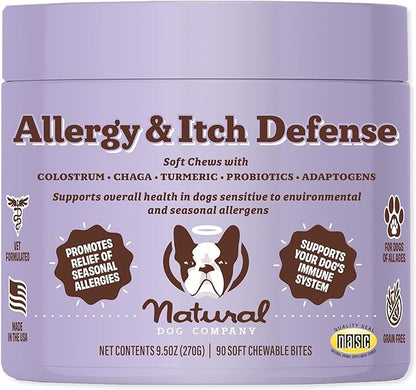 Natural Dog Company Allergy & Itch Defense Chews – Allergy Support for Dogs, Itch Relief, Skin, Coat & Gut Health with Probiotics, Colostrum & Salmon Oil, Grain-Free Dog Supplement, 90 ct