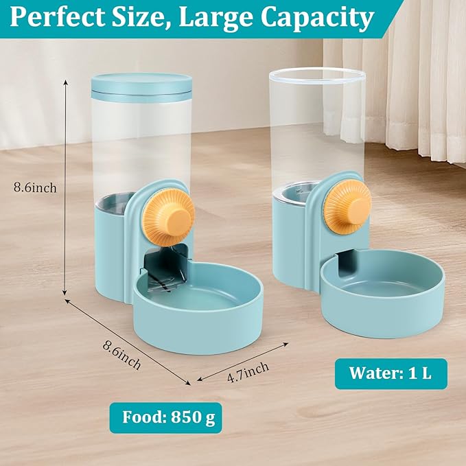 Pet Feeder Waterer Hanging Dog Cat Food Water Dispenser, Automatic Gravity Feeder Waterer Set for Cage Pets, Travel Food Water Bowl Rabbit Feeder for Ferret Small and Medium Animals, Blue