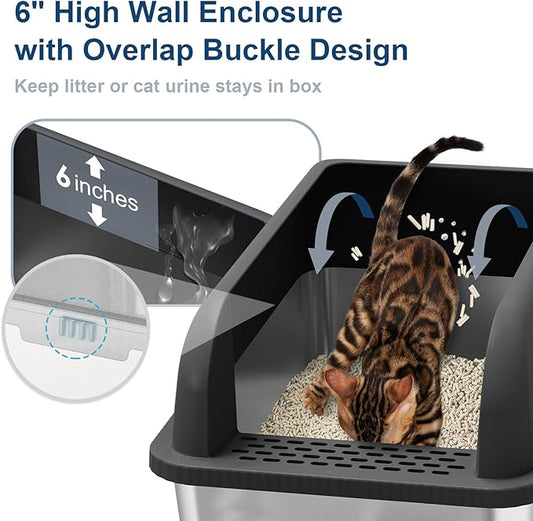 Stainless Steel Cat Litter Box with Enclosed Lid Extra Large Litter Box for Big Cats XL Metal Litter Tray Pan with High Sides Wall Enclosure, Easy Cleaning, Anti-Leakage, Non-Sticky (Charcoal Gray)