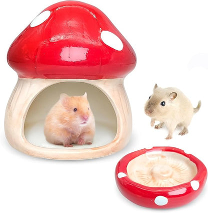 BNOSDM Ceramic Hamster Hideout and Food Bowl Set Cute Mushroom Shape Hamster House and Habitat Cool Hamsters Hide Suitable for Syrian, Mice, Dwarf Hamsters, Gerbils (Red)