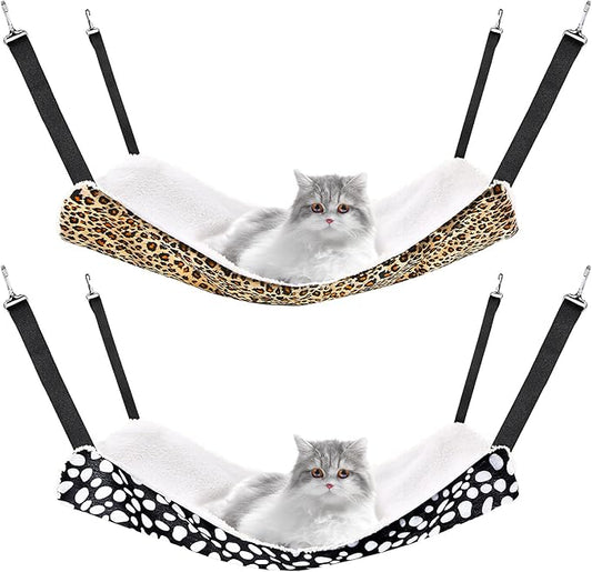 2 Pieces Reversible Cat Hanging Hammock Soft Breathable Pet Cage Hammock with Adjustable Straps and Metal Hooks Double Sided Hanging Bed for Small Dogs Rabbits(Leopard and Dot,M)