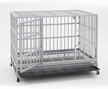 48 Inch Heavy Duty Dog Crate Cage Kennel with Wheels, Indestructible High Anxiety Dog Crate, Sturdy Locks Design, Double Door and Removable Tray Design, Extra Large XL XXL Dog Crate