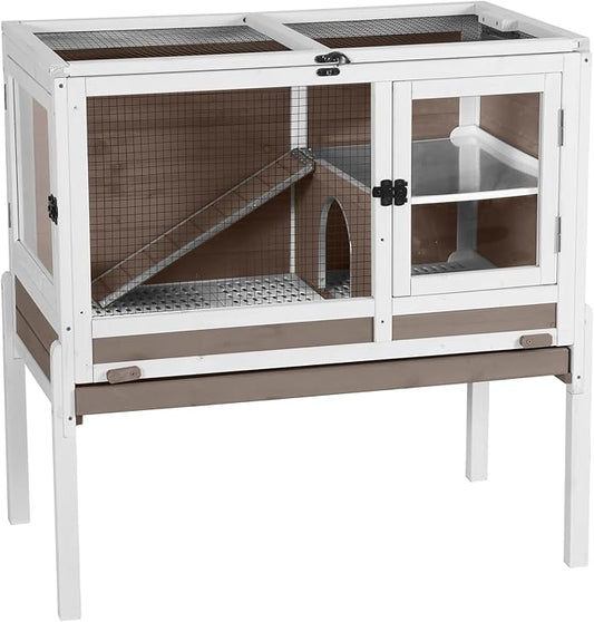 GUTINNEEN Guinea Pig Cages with Anti Chewing Sturdy Plastic Floor and Cool Zinc Plate, Indoor Rabbit Hutch with Hideout and PVC Platform, Elevated Legs Hamster Cage 36.6" L (Brown)
