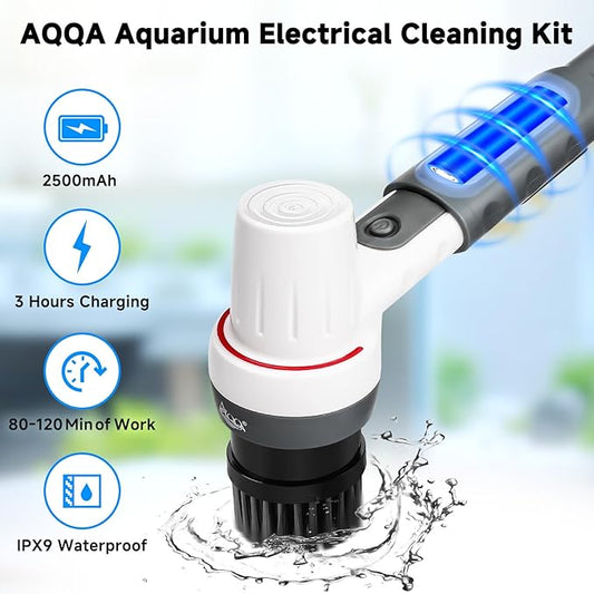 AQQA 8-in-1 Electric Aquarium Cleaning Kit IPX9 Waterproof Cordless Rechargeable Glass Scrubber Handheld Fish Tank Cleaner Powerful Algae Scraper & Cleaning Brush Set (Grey)