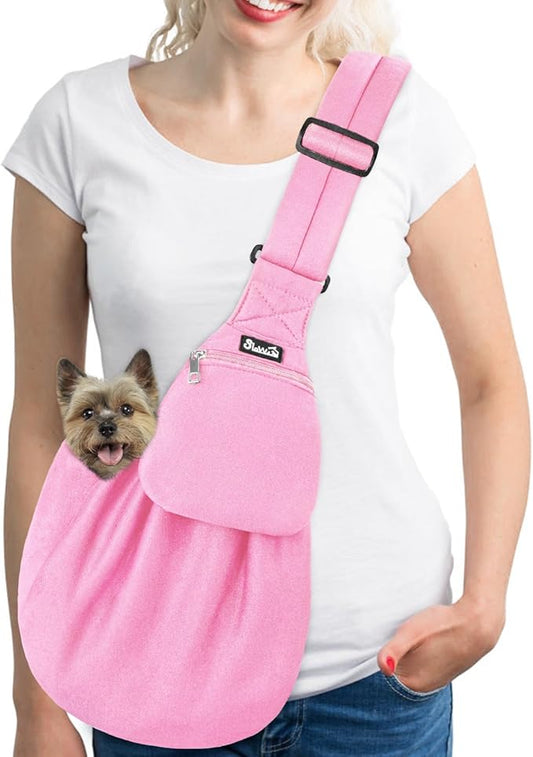 Lukovee Pet Sling, Hand Free Dog Sling Carrier Adjustable Padded Strap Tote Bag, Shoulder Bag with Safety Belt & Front Pocket for Small Dog Cat Puppy (Pink-WY,M)
