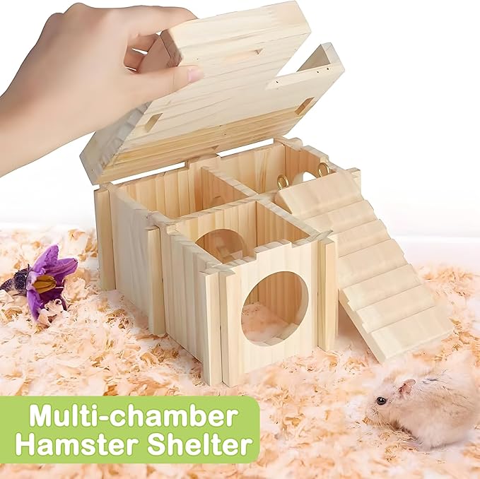 BNOSDM Wooden Hamster Hideout Dwarf Hamster Wood House with Ladder Gerbils Climbing Exploring Toys Cage Accessories for Syrian Hamsters Mice and Other Small Pets