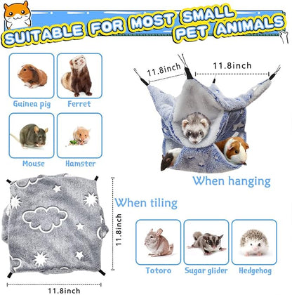 LEFTSTARER Noctilucent Luminous Guinea Pig Rat Hammock Hanging Triple-Layer Hammock Bedding for Ferret Hedgehog Squirrel Hideout Cage Accessories (Cloud & Stars)