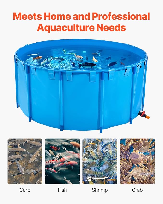 VEVOR Canvas Fish Pond, 1320 Gal Capacity Above Ground Fish Pond, Foldable PVC Koi Tank, Round Goldfish Tank with Stable Frame and Drain Valve, for Aquaculture, Koi Breeding, and Irrigation (Blue)