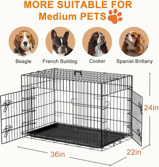 FDW Dog Crate 36inch Dog Cage Foldable Metal Kennel with Leakproof Tray Foldable Design Indoor Outdoor Use for Medium Dogs,Black