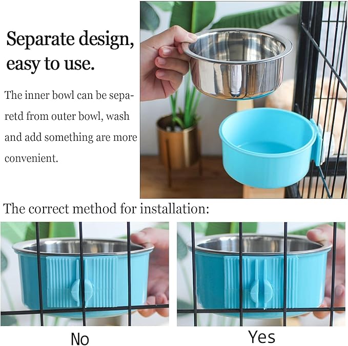 kathson Crate Dog Bowl, Removable Stainless Steel Hanging Pet Cage Bowl Food & Water Feeder Coop Cup for Cat, Puppy, Birds, Rats, Guinea Pigs (2 PCS, Size: M, Green and Pink)