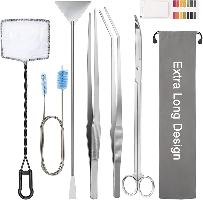 Extra Long Aquarium Aquascaping Tools Kit 8 in 1, Liveek Stainless Steel Aquarium Plant Tools Long Fish Tank Aquascape Tweezers Scissors Scrapers, PH Paper, Fish Net, Aquascape Clean Brush, Bag
